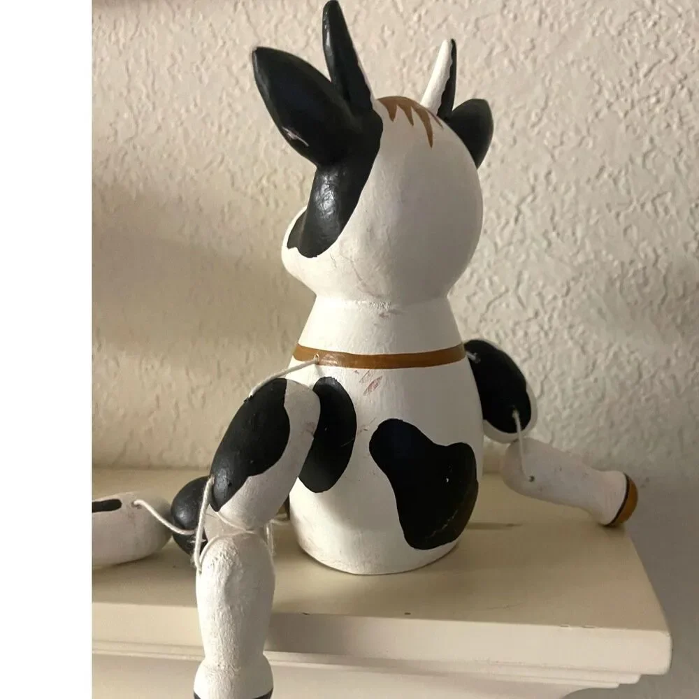 Vintage Handpainted Wood Cow Shelf Sitter Figurine~Signed Woodful ~Farmhouse